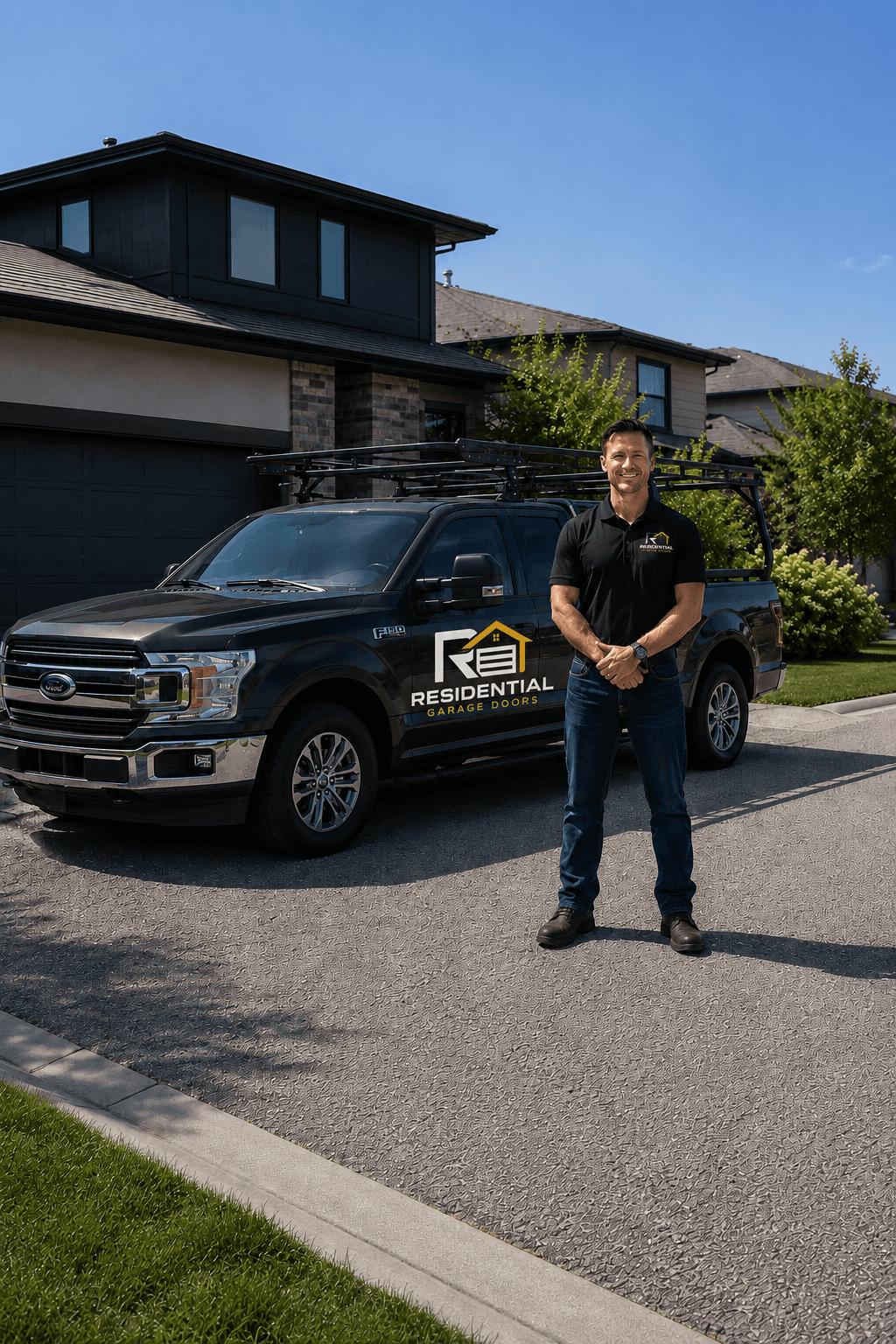 Residential Garage Doors technician standing next to a branded service truck in a driveway