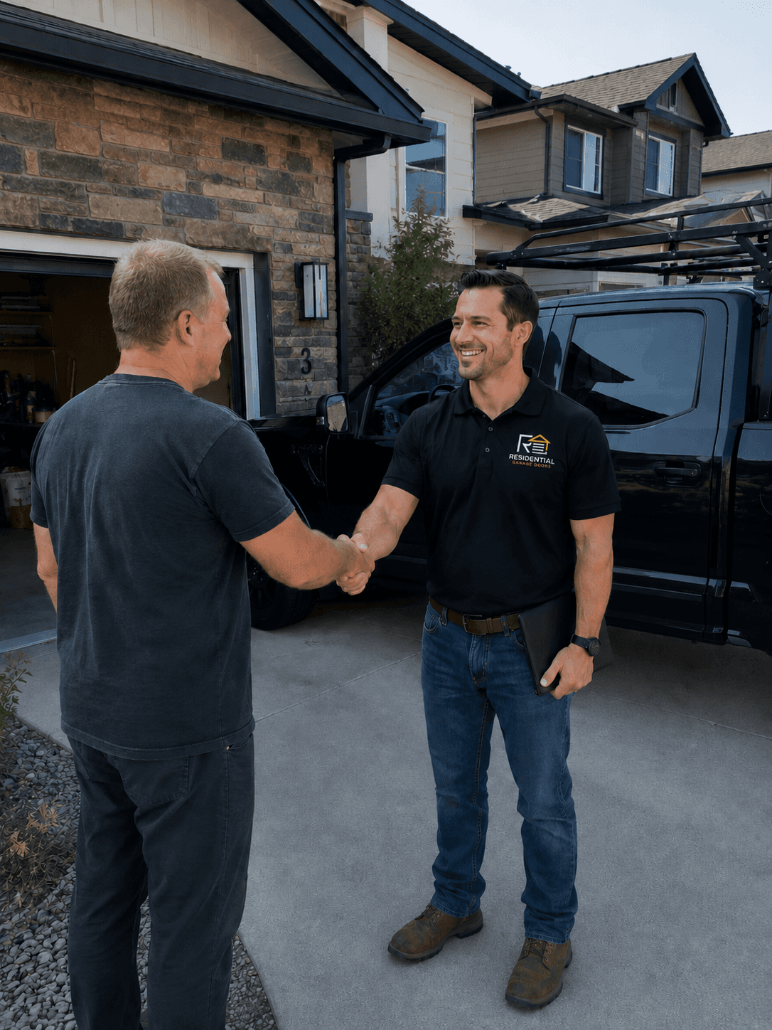 Residential Garage Doors technician greeting a homeowner in Agate, CO
